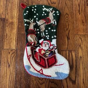 Christmas Stocking Vintage Loop Needlepoint‎ 17" Santa Sleigh Reindeer Kitschy